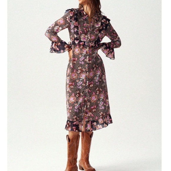 Boho Floral Print Ruffle Detail Button 3/4 sleeve Dress - Picture 6 of 7